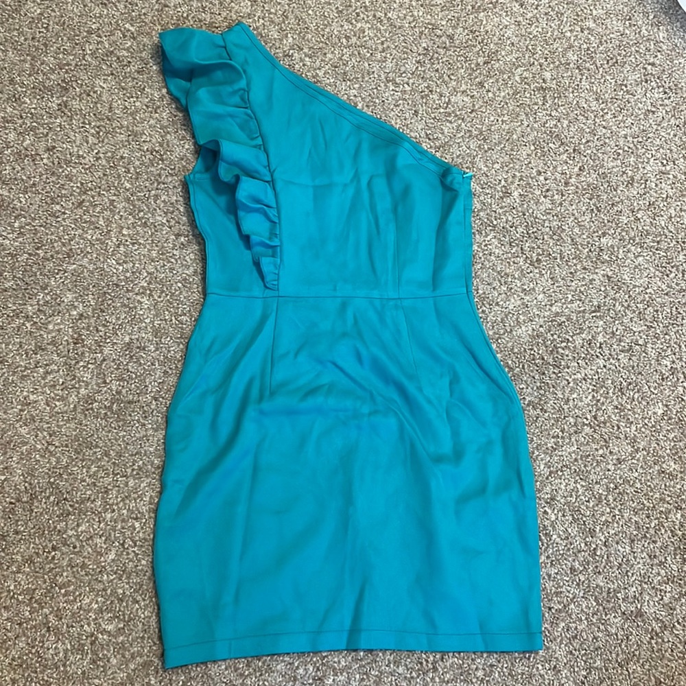 greenish blue one shoulder dress